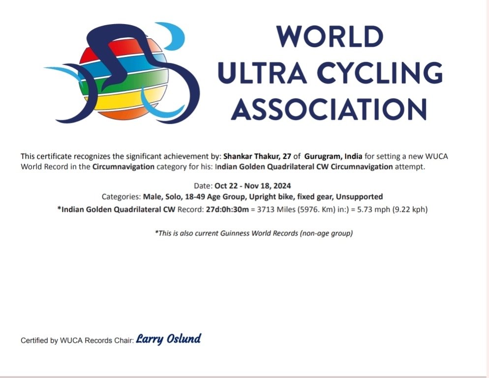 WUCA certificate recognising Shankar Thakur's 2024 Golden Quadrilateral record and Guinness World Record